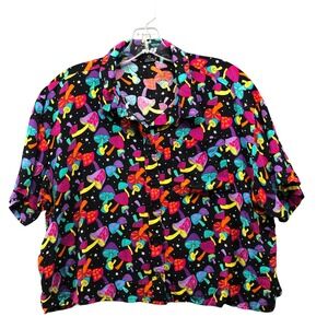 A-Lab Mushroom Print Cropped Button Up Shirt Womens L Psychedelic Colorful Boxy